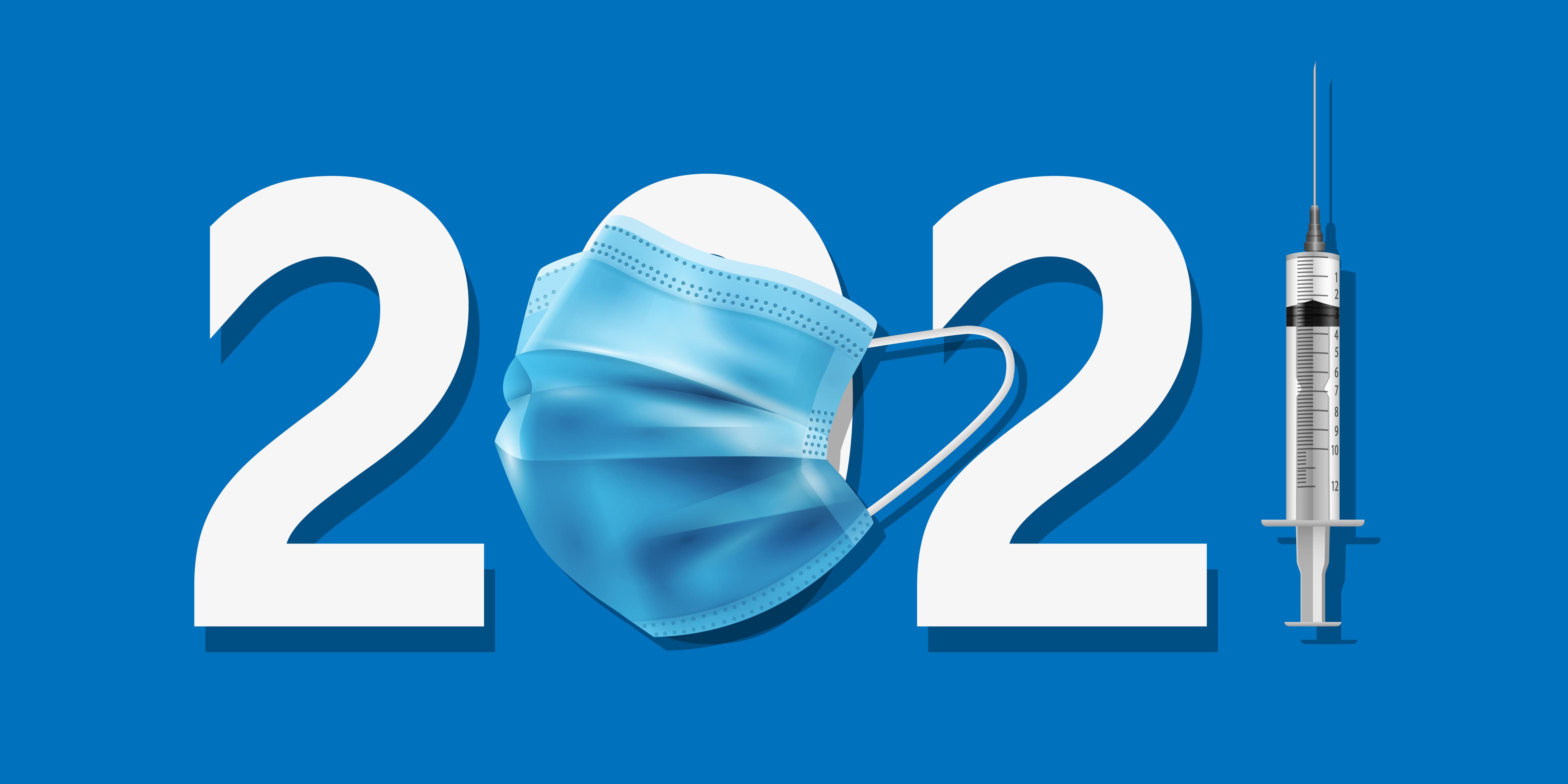 2021 is spelled out with a mask over the 0 and a vaccine as the 1. This webinar is a wrap up of 2021. image