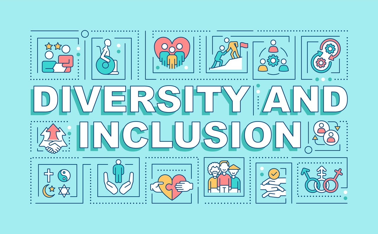 This image says "Diversity and Inclusion" in white letters with a light blue background and is surrounded by infographics of people working together, disabled people, hearts, gender inclusion, etc to represent that everyone is welcome and treated equally.

We used this image because our webinar will discuss various DEI best practices and initiatives for companies to start developing their own DEI Strategic Action Plan to foster a diverse, equitable, and inclusive workplace.